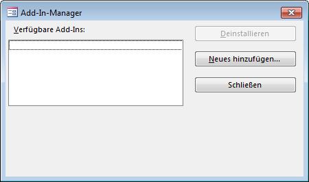 Kapitel 1 Ribbon-Admin installieren Abbildung 1.2: Der Add-In-Manager Klicken Sie hier auf die Schaltfläche Neues hinzufügen.