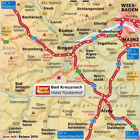 Nehmen Sie die Ausfahrt 51 Bad Kreuznach und folgen Sie der B 41 bis zur Abfahrt Firma Michelin. Biegen Sie an der Ampel links in die Gensinger Straße ein und folgen Sie dieser bis zur Wilhelmstraße.