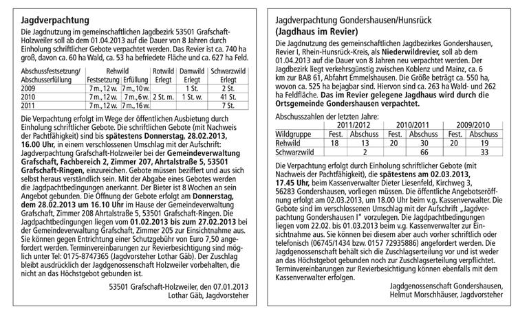 Jagd & Jäger in Rheinland-Pfalz Januar 2013 > Kleinanzeigen-Auftrag (Für die nächstmögliche Ausgabe) Anzeigenschluss ist der 10.