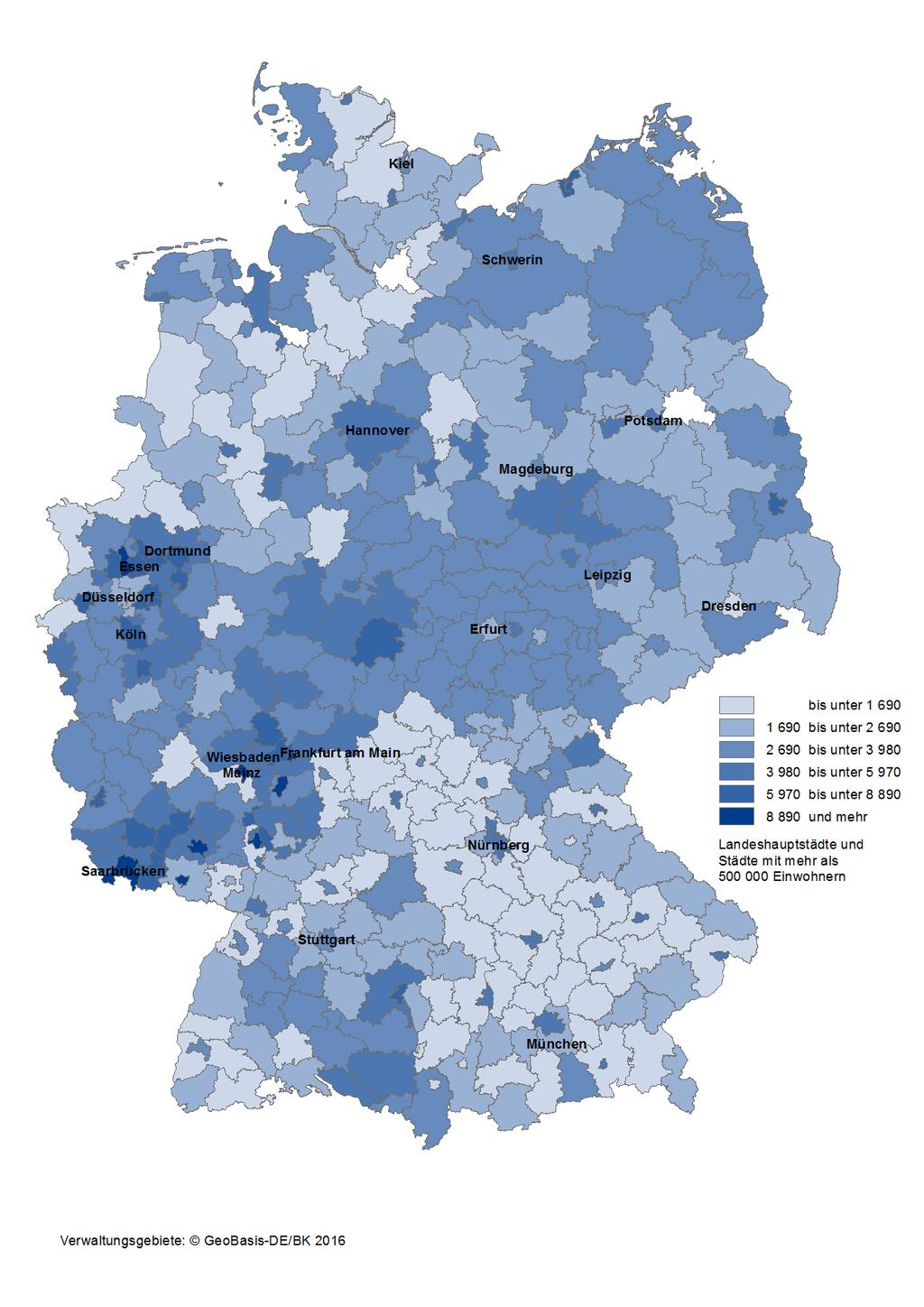 Karte 1: Integrierte kommunale Schulden der Kreisgebiete und kreisfreien Städte in Deutschland am 31.12.
