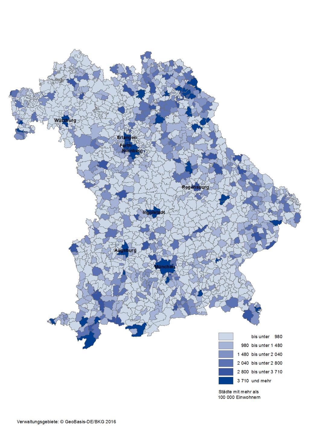 Karte 4: Integrierte kommunale Schulden der kreisangehörigen Gemeinden/Gemeindeverbände und kreisfreien Städte in Bayern am 31.12.