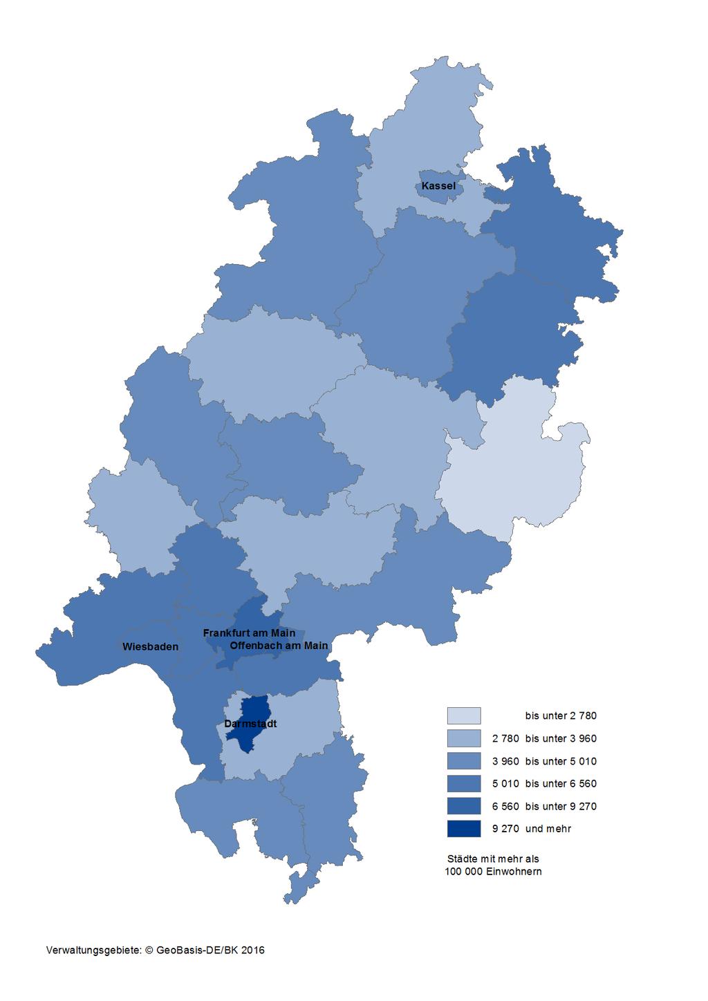 Karte 7: Integrierte kommunale Schulden der Kreisgebiete und kreisfreien Städte in Hessen am 31.12.
