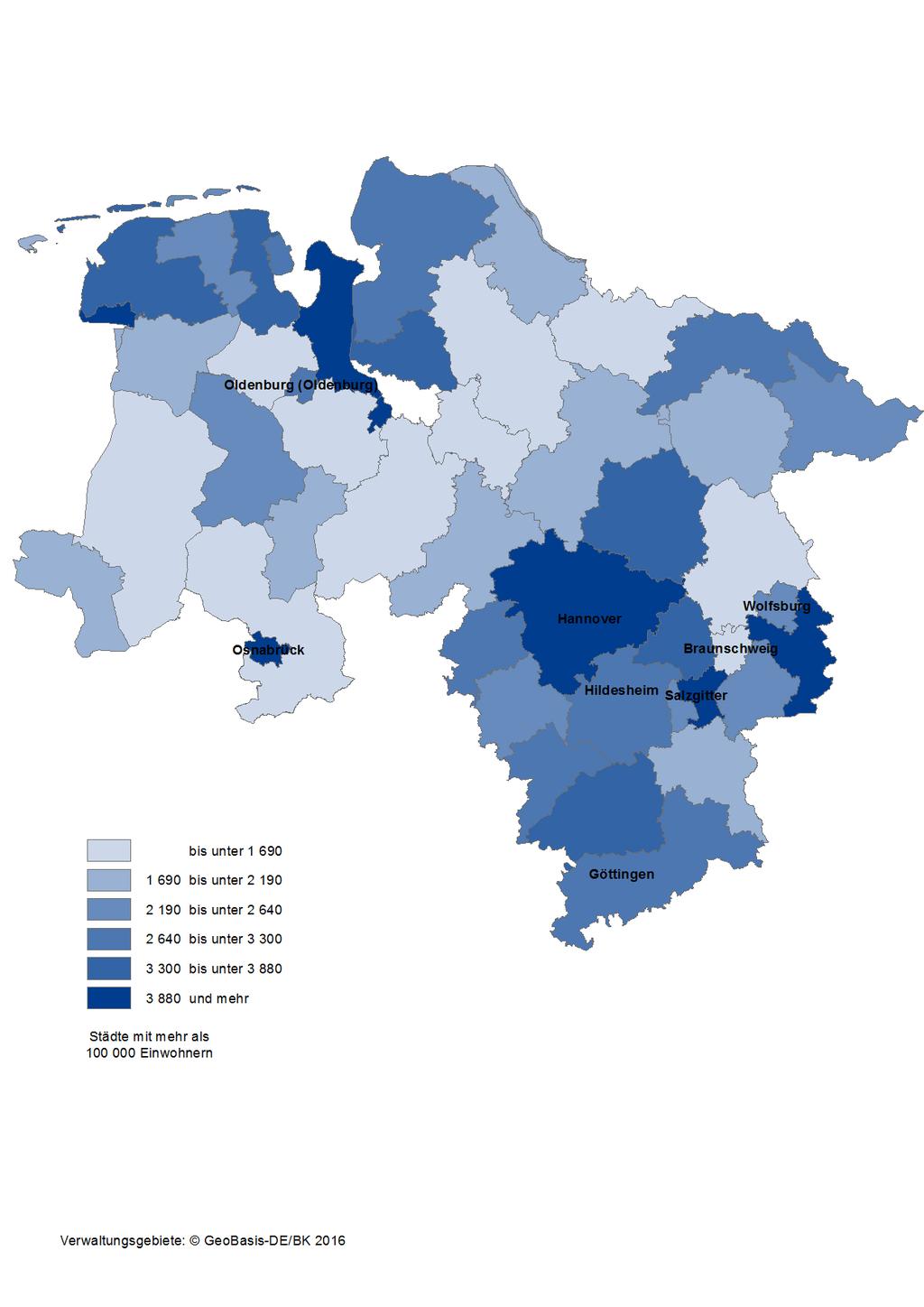 Karte 11: Integrierte kommunale Schulden der Kreisgebiete und kreisfreien Städte in Niedersachsen am 31.12.
