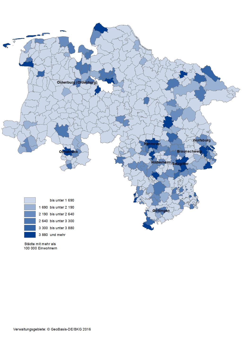 Karte 12: Integrierte kommunale Schulden der kreisangehörigen Gemeinden/Gemeindeverbände und kreisfreien Städte in Niedersachsen am 31.