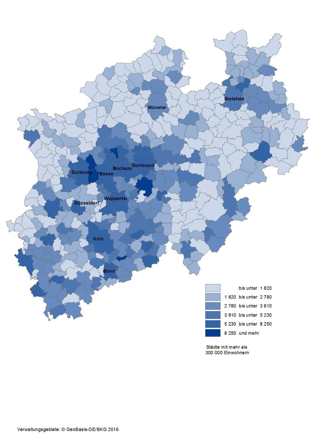 Karte 14: Integrierte kommunale Schulden der kreisangehörigen Gemeinden und kreisfreien Städte in Nordrhein-Westfalen am 31.12.