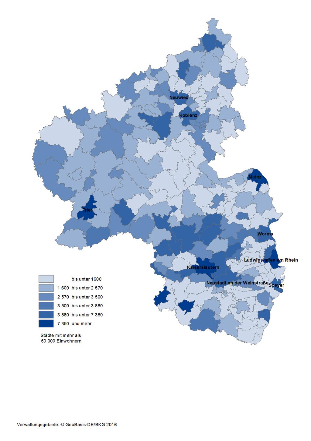 Karte 16: Integrierte kommunale Schulden der kreisangehörigen Gemeinden/Gemeindeverbände und kreisfreien Städte in Rheinland-Pfalz am