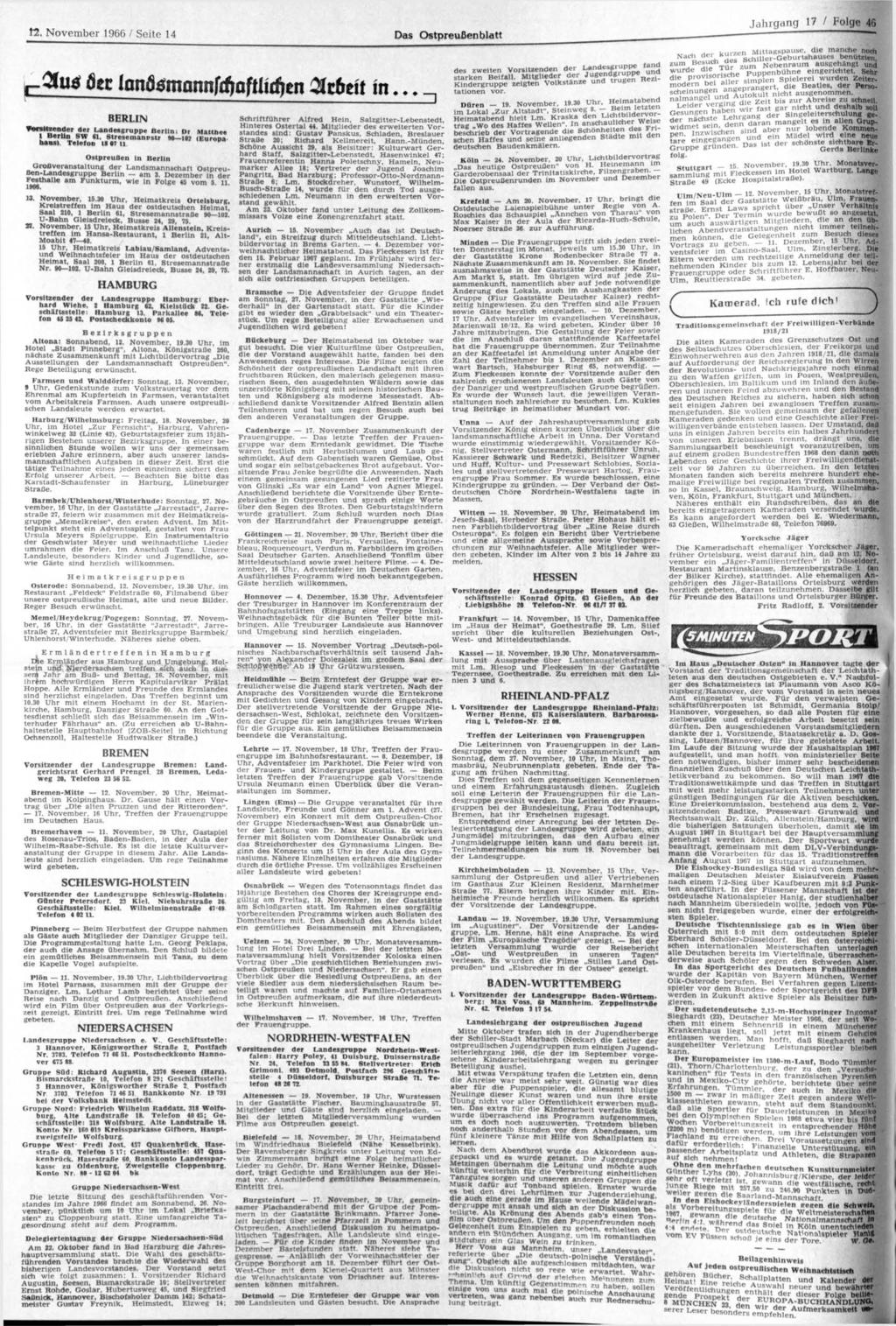 1"2. November 1966 / Seite 14 P flu*flee lanflgmonnfd?aftad>en Zttbtit in... ZI BERLIN Vorsitzender der Landesgruppe Berlin: Di Matinee 1 Berlin SW 61. Stresemanpstr 90 102 (Eurooa bans).