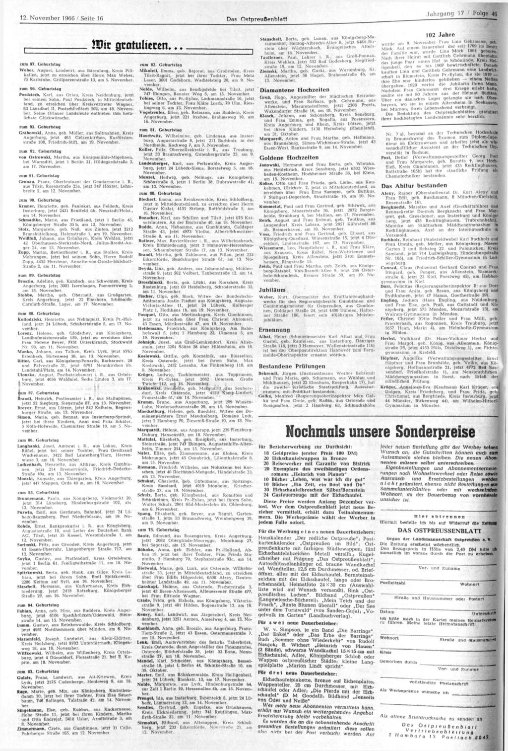 12. November 1966 / Seite 16 Das Ostpreußenblatt.lahrgang 17 / Folge 46 Wk zum 97.