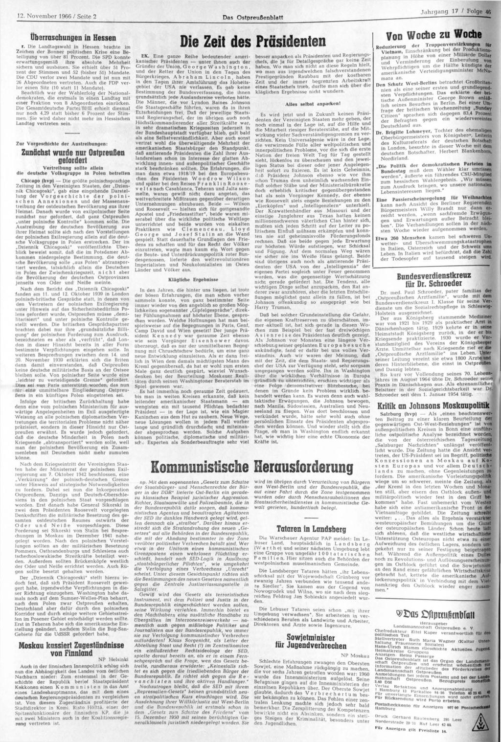 12. November 1966 / Seite 2 Das Ostpreußenblatt Jahrgang 17 / Folc. Überraschungen in Hessen r.