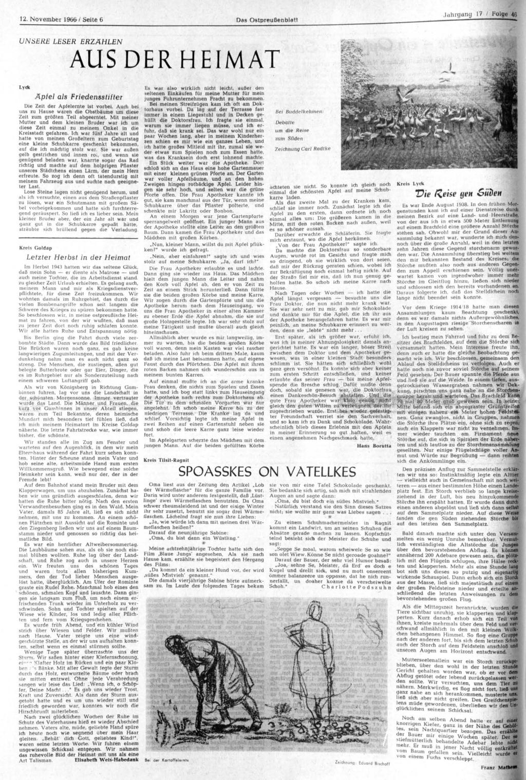 ,. Jahrgang 17 / I olg«(6 12. November 1966 / Seite 6 Das Ostpreußenblatt»» UNSERE LESER ERZÄHLEN AUS DER HEIMAT Lyck Äpfel als Friedensstifter Die Zeit der Apfelernte ist vorbei.