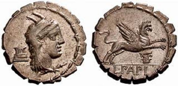 Lot number: 115 Price realized: 600 CHF No: 115 Rufpreis/Start price CHF 300.- d=20 mm L. PAPIUS AR-Serratus. 4,06 g. 79 v. Chr.
