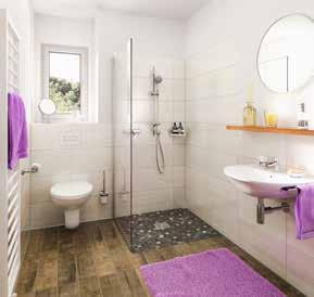 Bodenebene Dusche und absenkbares WC machen auch das Badezimmer zu einem barrierearmen Wohlfühlort.