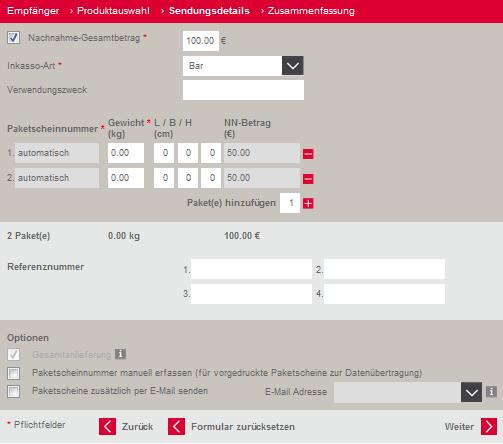 Hinweis: Bei Mehrpaketsendungen besteht zusätzlich die Möglichkeit durch Erfassung eines