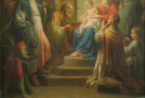 Sie sind rechts und links gruppiert, so dass der Blick auf Maria und das Kind gassenartig frei bleibt. Von Josef ist am rechten Bildrand nur der Kopf zu erkennen.
