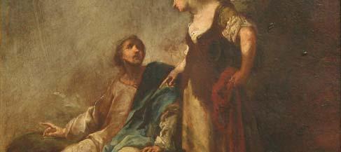 Christus sitzt am Brunnen, mit einem seinen Fuß auf dessen Rand, und diskutiert mit der Samariterin.