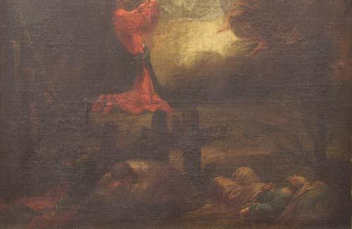 Etwas erhöht befindet sich in der mittleren Bildebene Christus in einem roten Gewand mit blauem Umhang, der beide Hände im Gebet nach oben streckt.