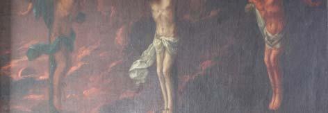 6155 Der gekreuzigte, bereits tote Christus teilt die Darstellung in zwei Bildhälften. Zu seinen Seiten befindet sich der gute (links) und der böse Schächer (rechts).