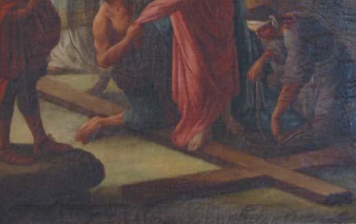 Benedikt Statuenhaft wird Christus bereits auf dem Kreuz stehend in der Bildmitte präsentiert, während ihm zwei Männer die Kleider vom Körper ziehen.