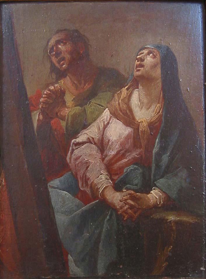 A 109 Maria und Johannes unterm Kreuz Um 1770 Öl auf Holz, H. 19,0 x B. 14,0 cm Bez.: Thomas Christian Wink/ca.