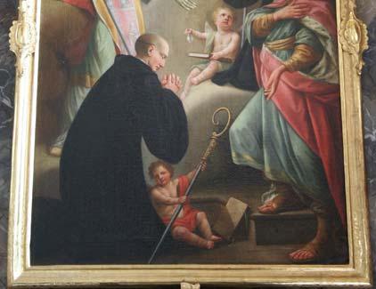 Wunibald im Ordenshabit der Benediktiner und mit gefalteten Händen. Neben ihm hält ein Engel seinen Abtstab. Neben ihn steht sein Vater, der Hl.