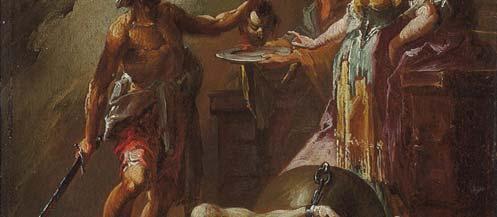 Links hinter ihm überreicht der Henker, noch das Schwert in der Hand, den Kopf des Heiligen an Salome, deren Gehilfin ein Tablett bereit hält.