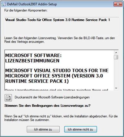 3.4 Installationsverlauf und -Pakete unter Outlook 2007 Für die Visual Studio-Tools unter Outlook 2007 wird zunächst ein Service Pack installiert: Abbildung 9 Outlook 2007: