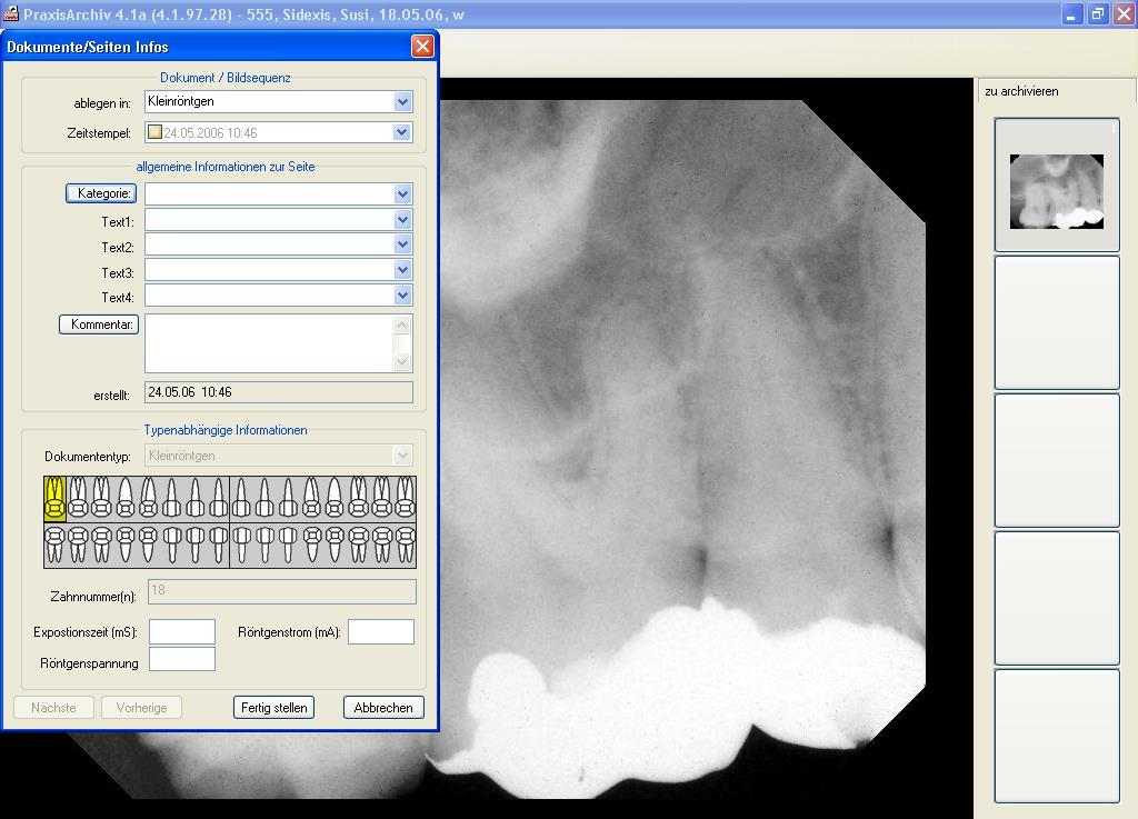 Nachdem Sie die Arbeit mit der Röntgensoftware beendet und neue Aufnahmen gemacht haben, startet CGM PRAXISARCHIV den Ablage-Dialog.
