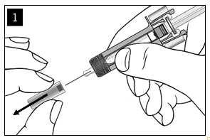 Entfernen Sie vorsichtig die Nadelschutzkappe von der Fertigspritze. Entsorgen Sie die Nadelschutzkappe. An der Nadelspitze kann ein Flüssigkeitstropfen zu sehen sein. Dies ist normal.