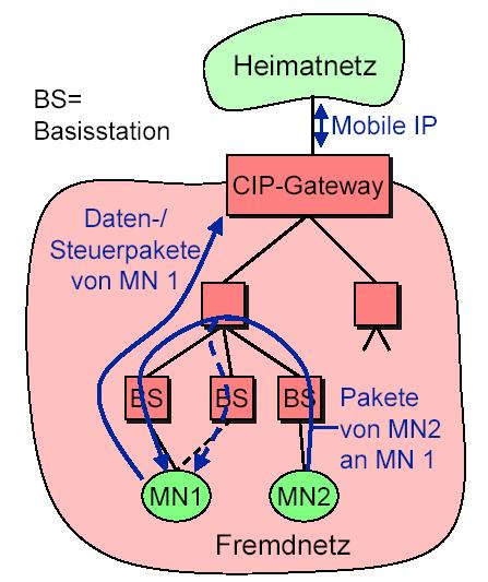 Cellular-IP (= CIP) - Funktionsweise CIP-Gateway zentraler FA Home Agent erhält als Care of Address die IP Adresse des CIP-Gateways Mobile