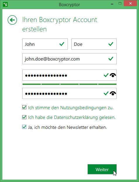 2 Persönliche Daten Nun frägt Boxcryptor Ihre persönlichen Daten für die Registrierung ab: Vor- und Nachname Email Adresse Passwort und Passwortüberprüfung Zustimmung zu den