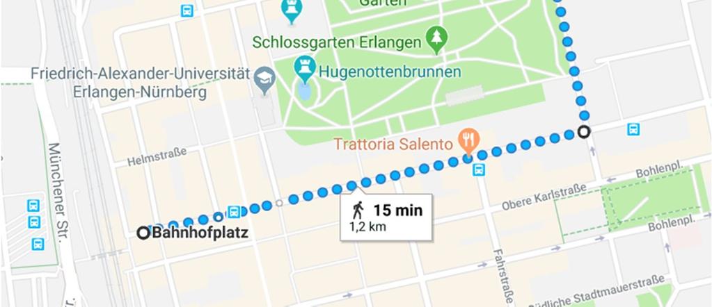 Universitätsstraße für ca. 800 Meter. Auf Höhe der Frauenklinik biegen Sie nach links in die östliche Stadtmauerstraße ein und folgen dieser, bis sie zum Ulmenweg wird.