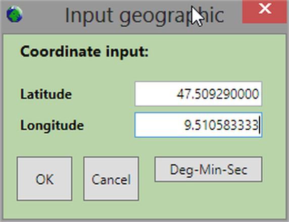 Bei UTM-Abbildungen ist es genau umgekehrt! Die Eingabe geographischer Koordinaten erfolgt entweder mit Dezimalwerte oder mit Grad/Minuten/Sekunden.