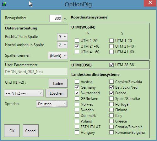 Der Standard-User-Parametersatz wird hier nur angezeigt. Ändern kann man ihn bei der Parametereingabe. Weiters kann hier die Sprache ausgewählt, und die Koordinatensystem - Auswahl eingegrenzt werden.