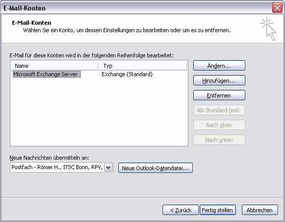 Abbildung 9: Emailkonten 2 Bei Doppelklick auf den Namen (siehe Abb. 9: Microsoft Exchange Server ) sehen Sie das aktuell hinterlegte Standard-Emailkonto. 1.