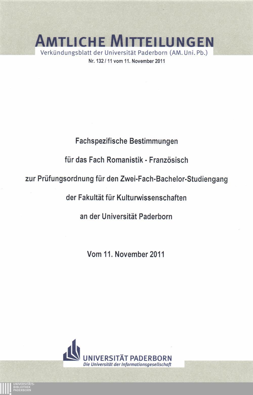 Amtliche Mitteilungen Verkündungsblatt der Universität Paderborn (AM. Uni. Pb.) Nr. 132/11 vom 11.