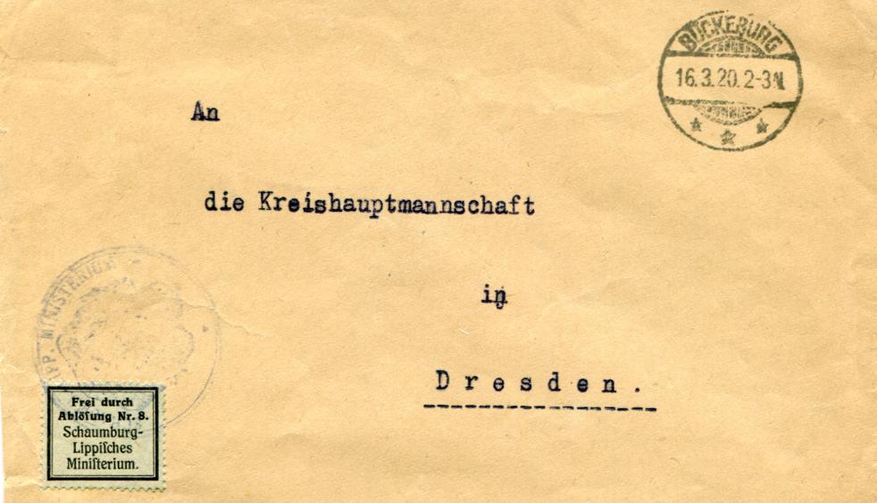 Aversionalmarken (ab 1918 31.03.1920) Nr. 5 Text: Frei durch / Ablösung Nr. 8. / Schaumburg- / Lippisches / Ministerium. 5 Textzeilen; Antiqua; Buchdruck; gezähnt.