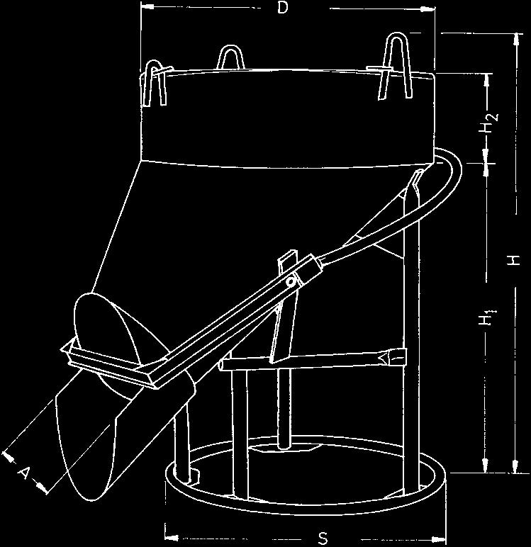 1016 L (H) Betonsilo zylindrisch konische Form mit geradem Schlauchanschlußauslauf, leichtere Ausführung mit Hebel- oder Handradbetätigung des Patentverschlusses.