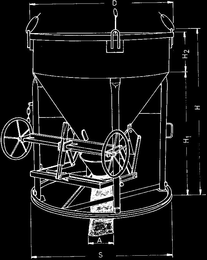 1018 H Betonsilo liegende zylindrische konische Form mit geradem Schlauch anschlussauslauf, schwere stabile Ausführung mit Handradbetätigung des Patentverschlusses und Bügel.
