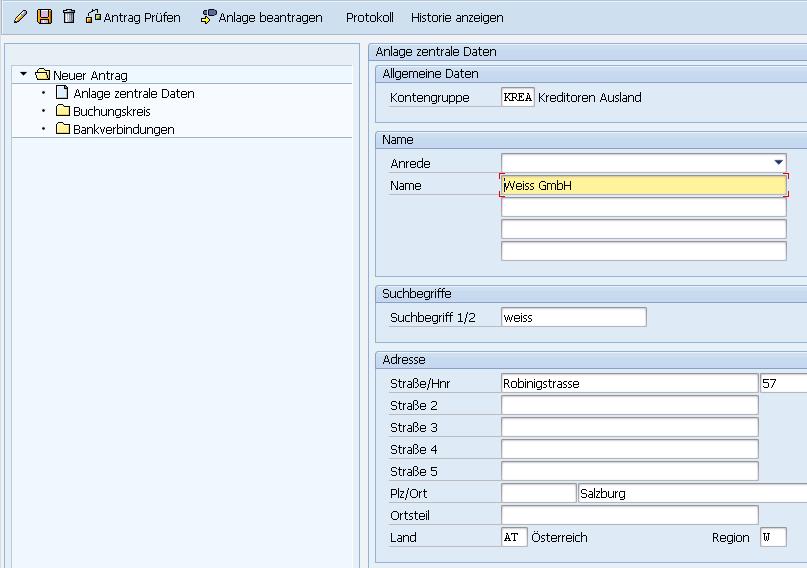 Datenpflege via Workflow System (Beispiel ) Anforderung erstellen Workflow Antrag prüfen Workflow Antrag verbuchen Anforderung: Neuanlage SAP-GP mit kreditorischer Rolle.