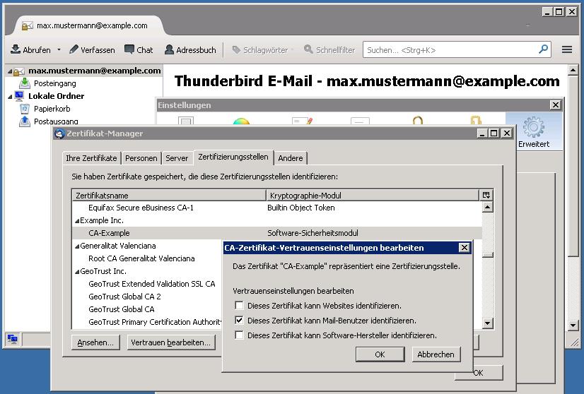 Nach dem erfolgreichen Import des eigenen Zertifikates übernimmt das Software-Sicherheitsmodul des Thunderbird durch die Verschlüsselung