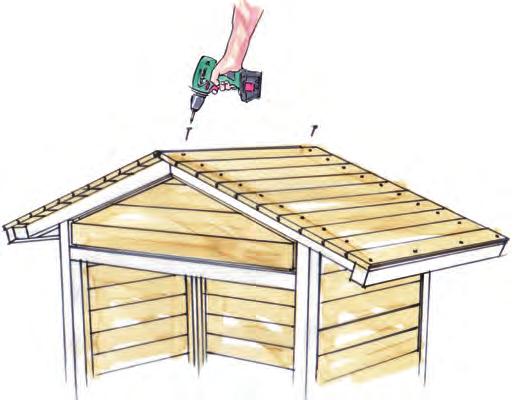7 Schrauben Sie jetzt die Dachbretter (44) auf die Giebelbalken (2). Die Dachbretter (44) stehen wie die Dachabschlussbalken (5) nach vorn und hinten über.