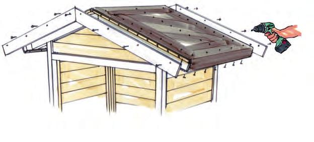 Befestigen Sie dann alle weiteren Dachbretter (44) und kontrollieren Sie dabei immer den Überstand zu den Giebelbalken (2).