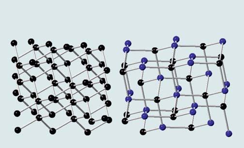Lokale Kristallorientierung von Diamant (links) und kubischem Siliziumcarbid (rechts) an der Grenzfläche und damit die Leistung von Verschleißbauteilen beeinflusst.