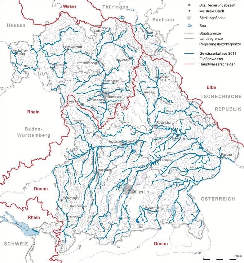 Für welche Gewässer wurden die Karten erstellt? Vorläufige Risikobewertung, Ergebnis: Gewässerkulisse 2011 ca. 7.650 km Gewässer in Bayern mit besonderem Hochwasserrisiko Nach Flussgebieten: ca. 5.