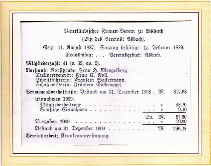1887 Asbach Am 11.08.1887 Gründung des Vaterländischen Frauenverein zu Asbach Satzung bestätigt: 15.02.
