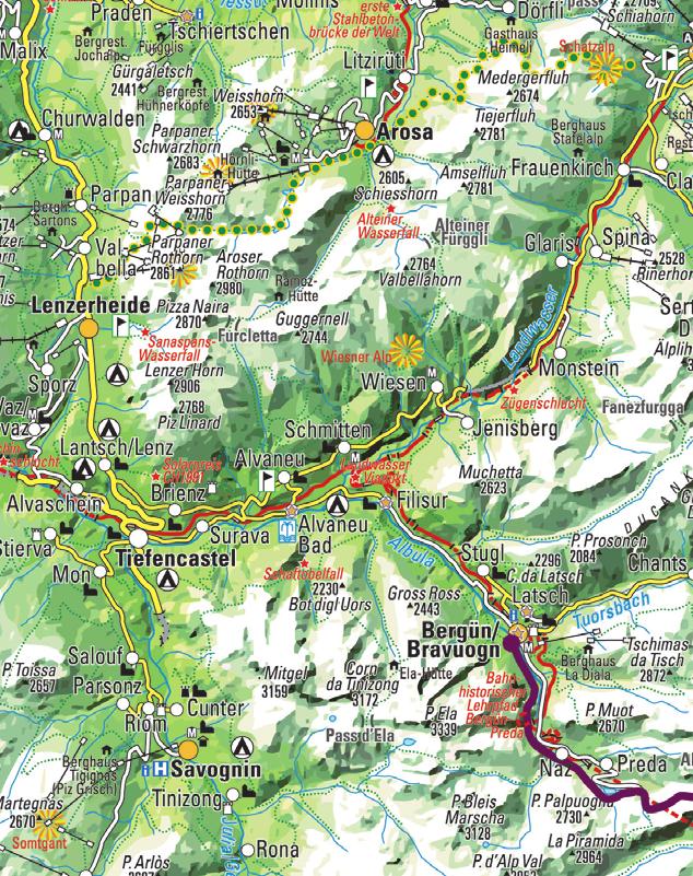 Die Route Kartenmaterial und GPS Kesch-Trek Kartenblatt 1 : 50 000, Bergün (258) Kartenblätter 1 : 25 000, Scalettapass (1217), Albulapass (1237), Savognin (1236) Einen guten Überblick über den
