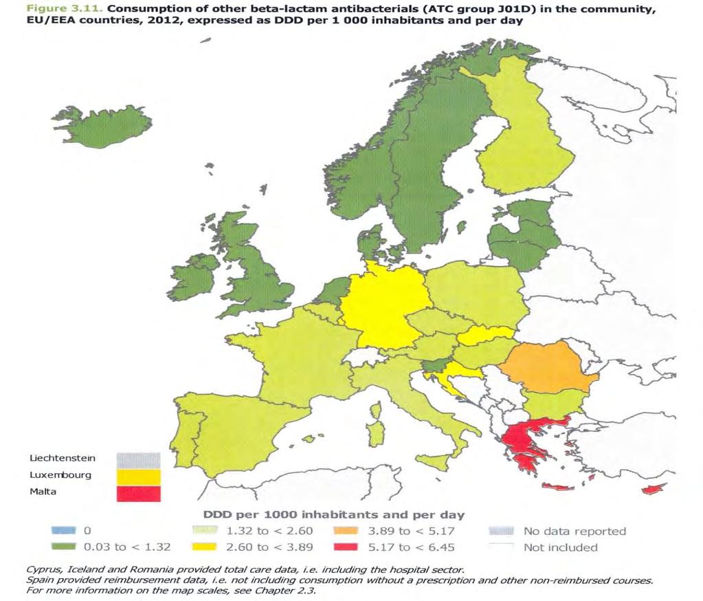 Ambulante Verbrauchsdichten von Beta-Laktam-Antibiotika (außer Penicillinen) in Europa, 2012 J01D = ATC-Verzeichnis: Andere Beta-
