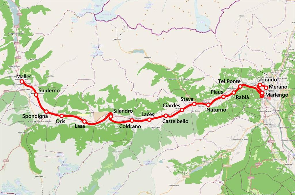 Vinschgau: Daten der Linie Gesamtlänge der Linie: 60 km Höhenunterschied: Maximale Neigung: 690 Mt.