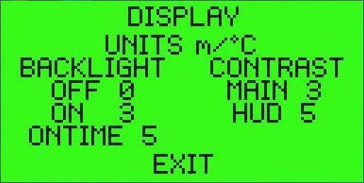 2.6.1 Display In diesem Untermenü kann das LCD Display, die HUD und die Einheiten (metrisch oder imperial) eingestellt werden. Figur 23: Display Diese Menü ist auch während des Tauchgangs verfügbar.