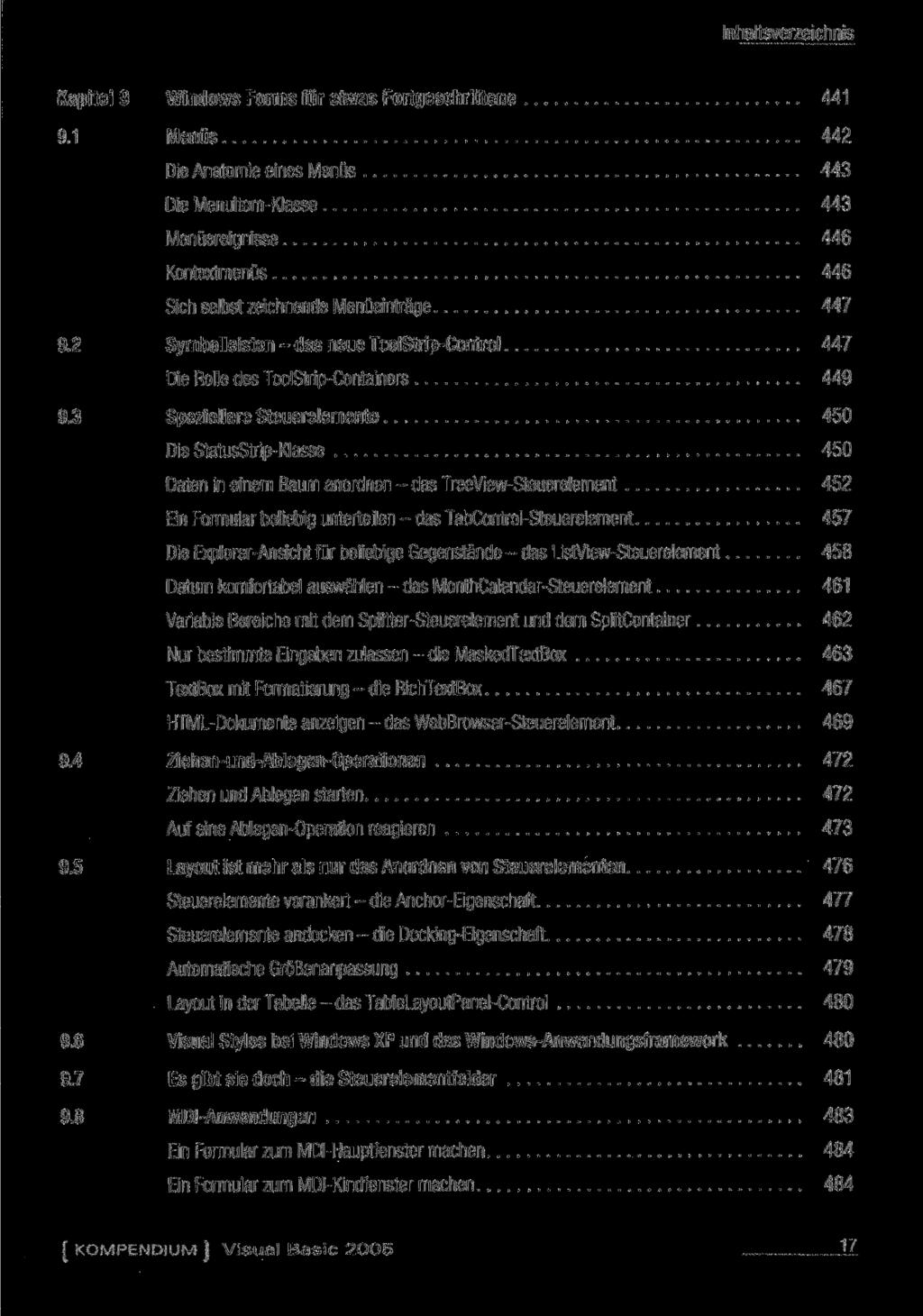 Kapitel 9 Windows Forms für etwas Fortgeschrittene 441 9.1 Menüs 442 Die Anatomie eines Menüs 443 Die Menultem-Klasse 443 Menüereignisse 446 Kontextmenüs 446 Sich selbst zeichnende Menüeinträge 447 9.